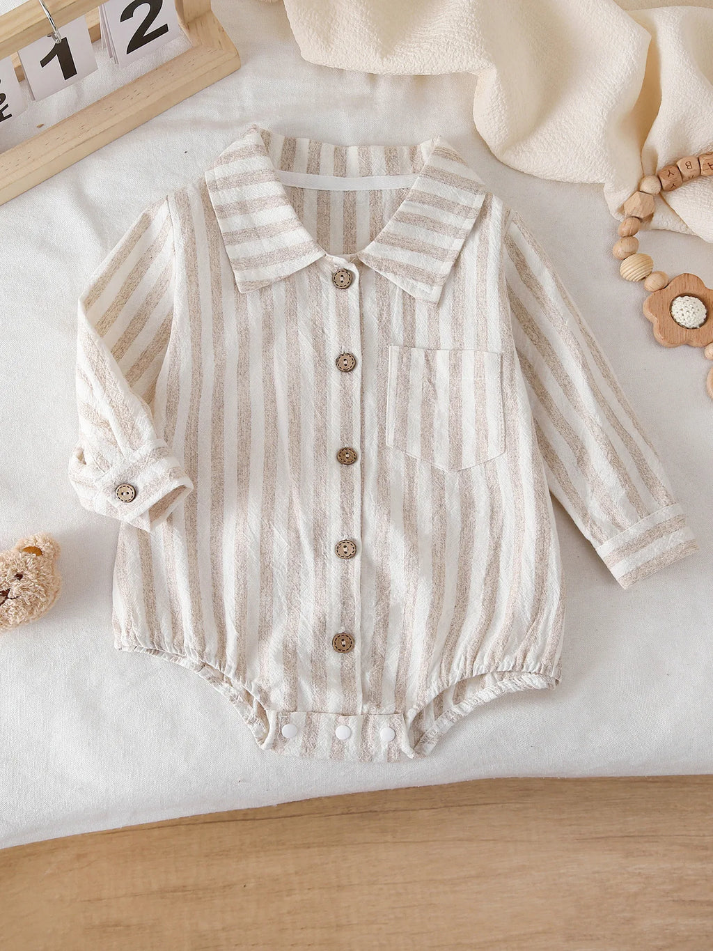 2026 Summer 0-2Y Baby Clothes Single-Row Buttons Striped Long-Sleeve Girls Bodysuit Crotch Snaps One-piece for Boys