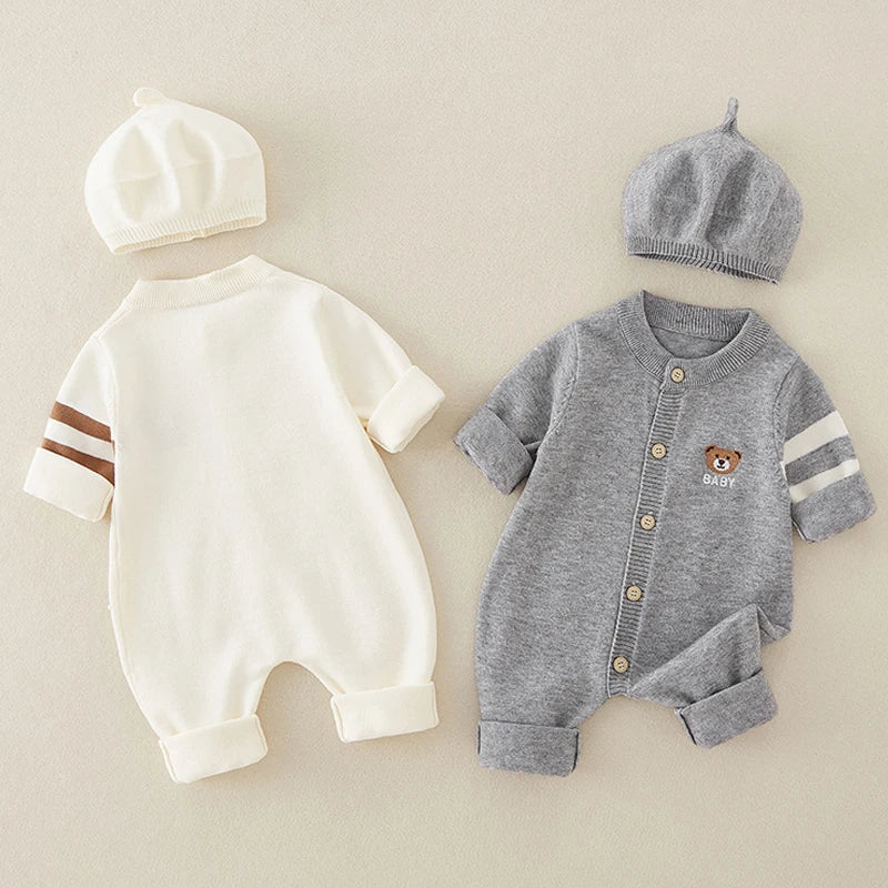 AYNIGIELL Autumn Newborn Baby Jumpsuit Hat 2-piece Set, Korean Version 0-18 Months Newborn Pure Cotton Outdoor Clothing Set