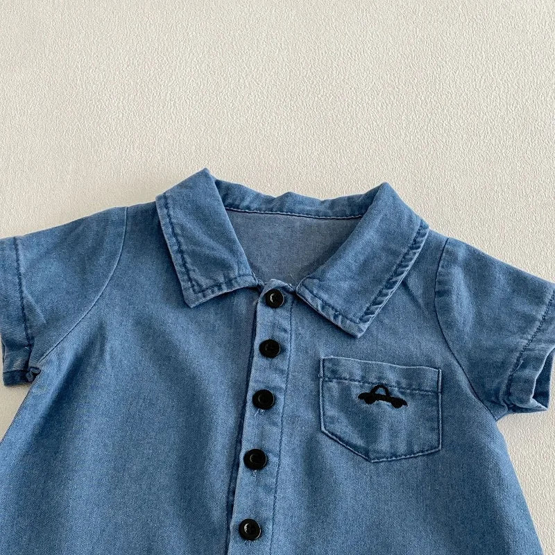 UNITIM 2026 Summer Kids Boys Denim Jumpsutis Cotton Turn Down Collar Infant Babys Girls Rompers Cartoon Pocker 0-2Y Boy Bodysuit