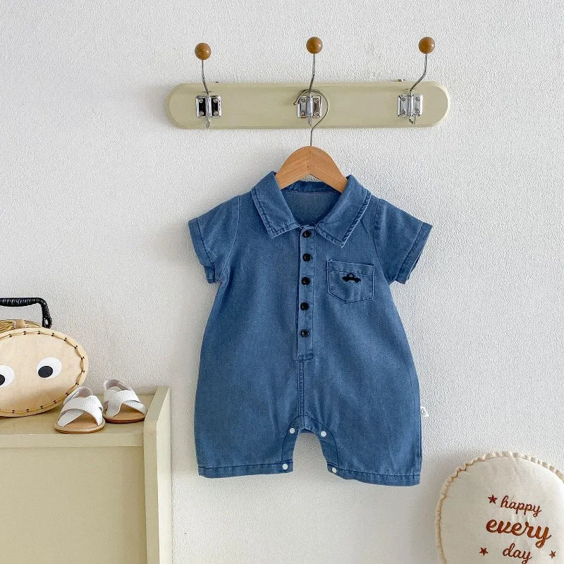 UNITIM 2026 Summer Kids Boys Denim Jumpsutis Cotton Turn Down Collar Infant Babys Girls Rompers Cartoon Pocker 0-2Y Boy Bodysuit