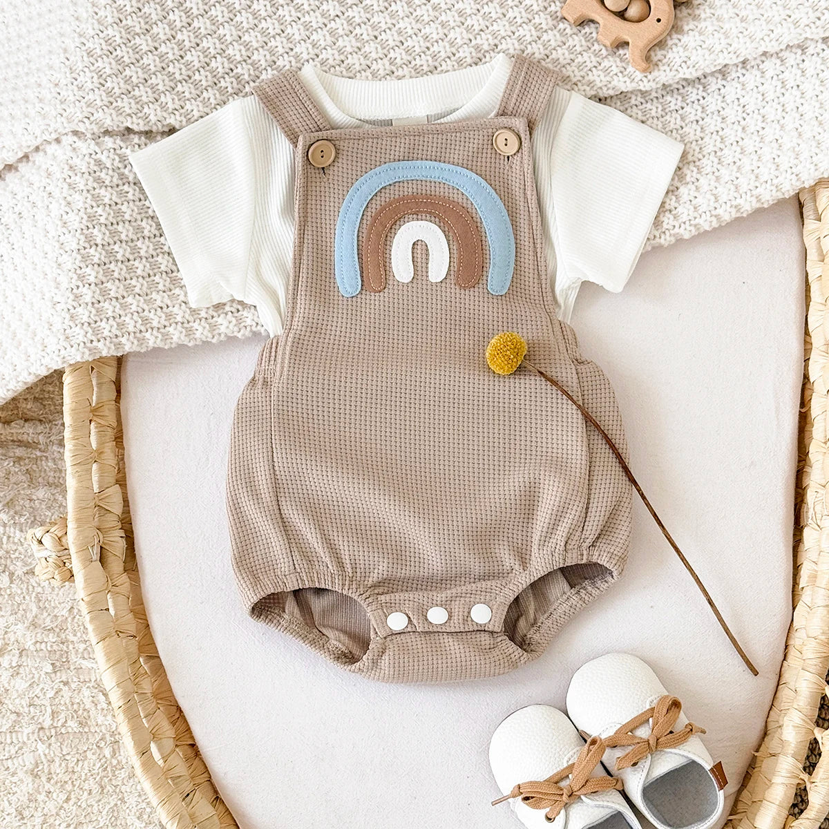 INS Summer Baby Girls Clothes Rainbow Patchwork Romper Baby Boys Bodysuit Clothes+White T-shirt Newborn 0 to 18 months 2Pcs/Set